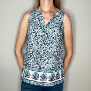 Ava Christine Floral Rayon VNeck Summer Blouse S SM Small White Blue Lightweight